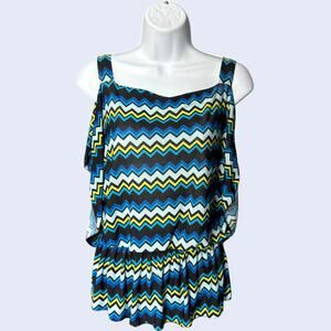 Elizabeth chevron zigzag top blue/green peplum waist sleeveless L